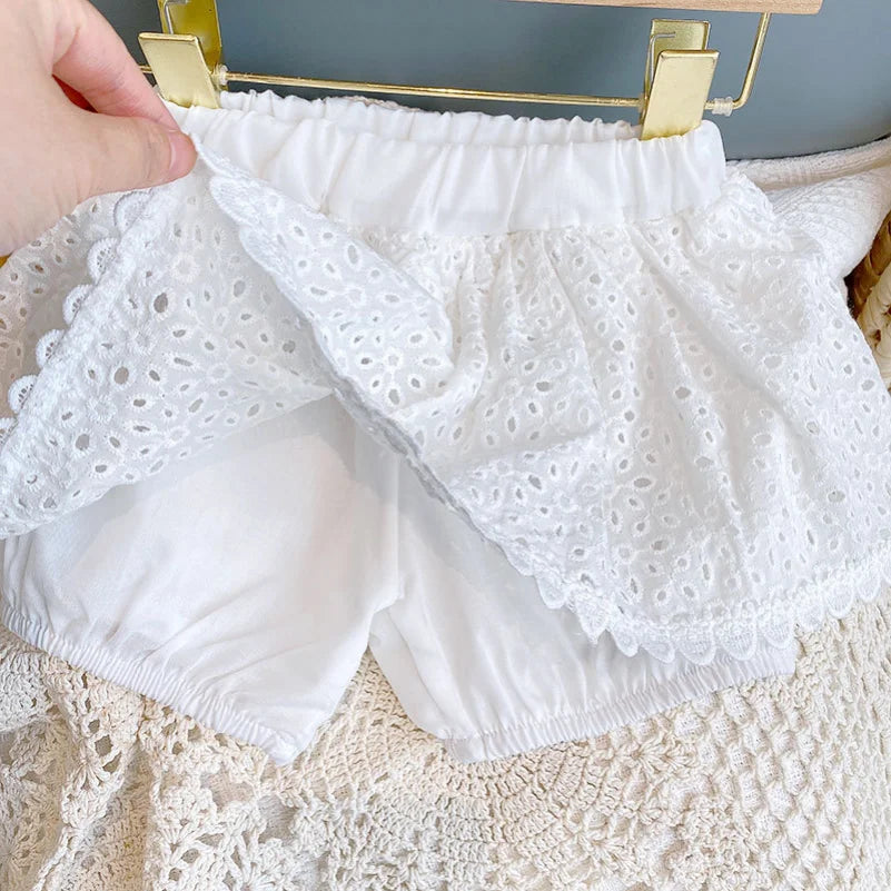New Girls Summer Clothing Sets Hollow Lace Suit Baby Casual Sleeveless T-shirt Shorts Kids Clothing Sets Baby Clothes Sets