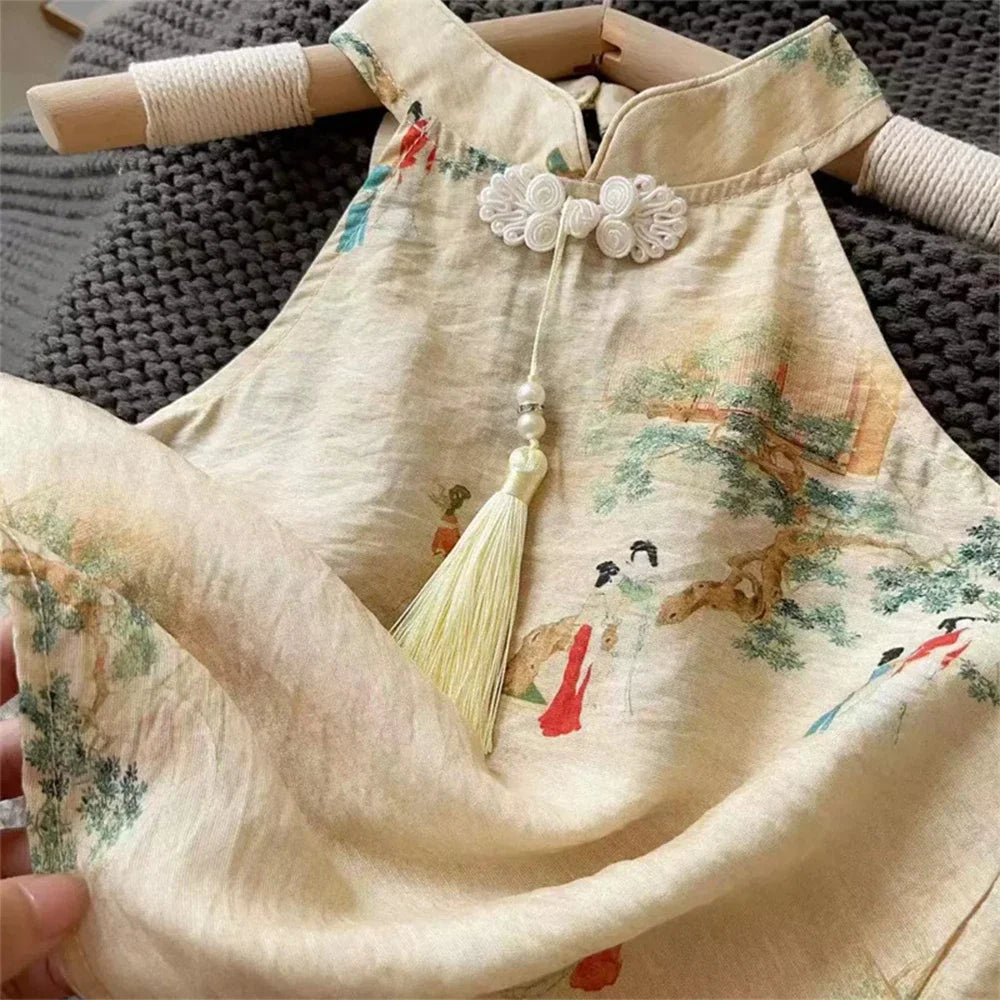 Bear Leader Girls' Set Summer New Chinese Style Printed Standing Neck Tassel Top+Shorts Two Piece Set Fashion Kids' Clothing