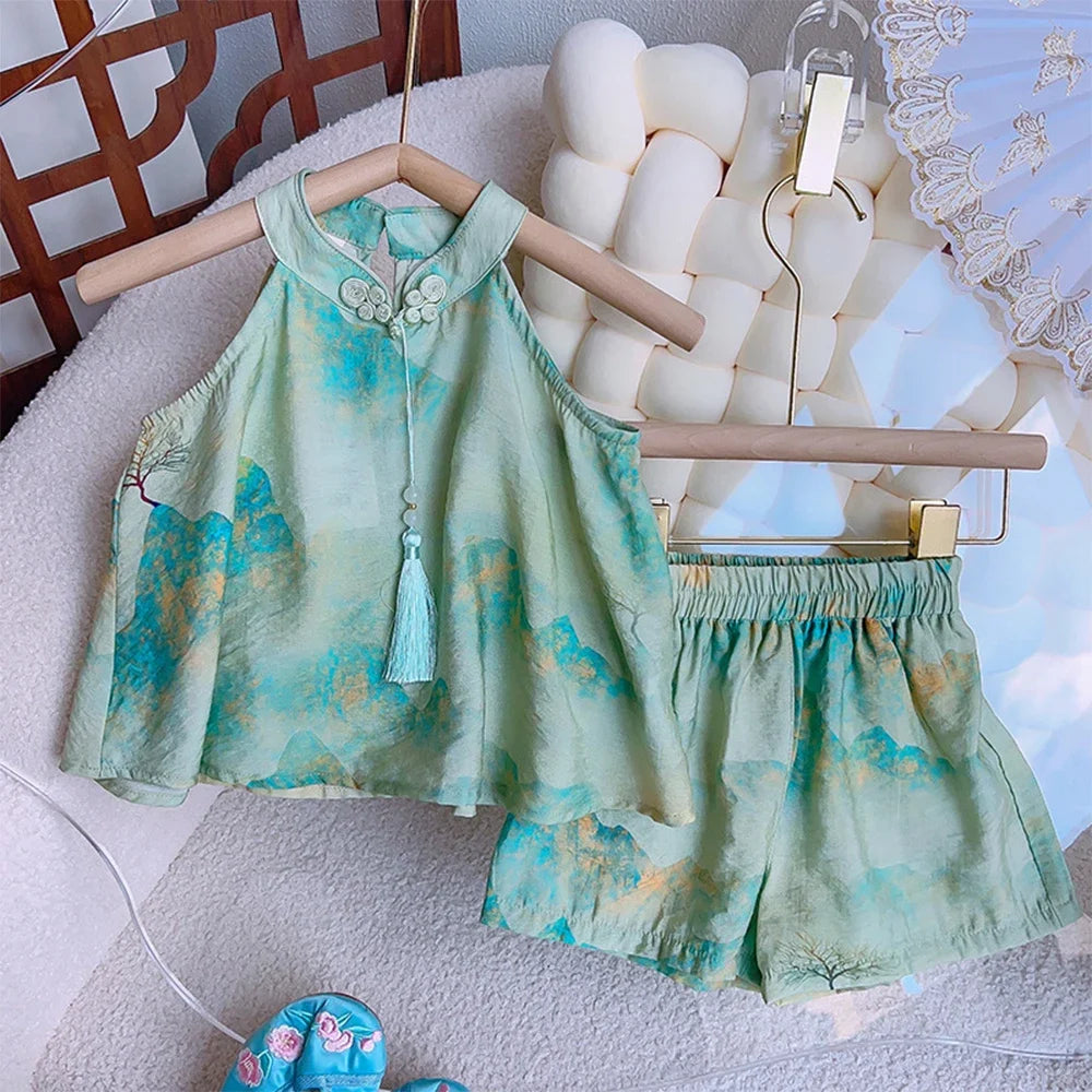 Bear Leader Girls' Set Summer New Chinese Style Printed Standing Neck Tassel Top+Shorts Two Piece Set Fashion Kids' Clothing