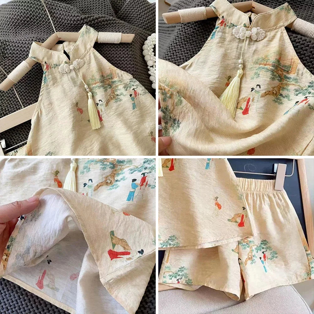 Bear Leader Girls' Set Summer New Chinese Style Printed Standing Neck Tassel Top+Shorts Two Piece Set Fashion Kids' Clothing