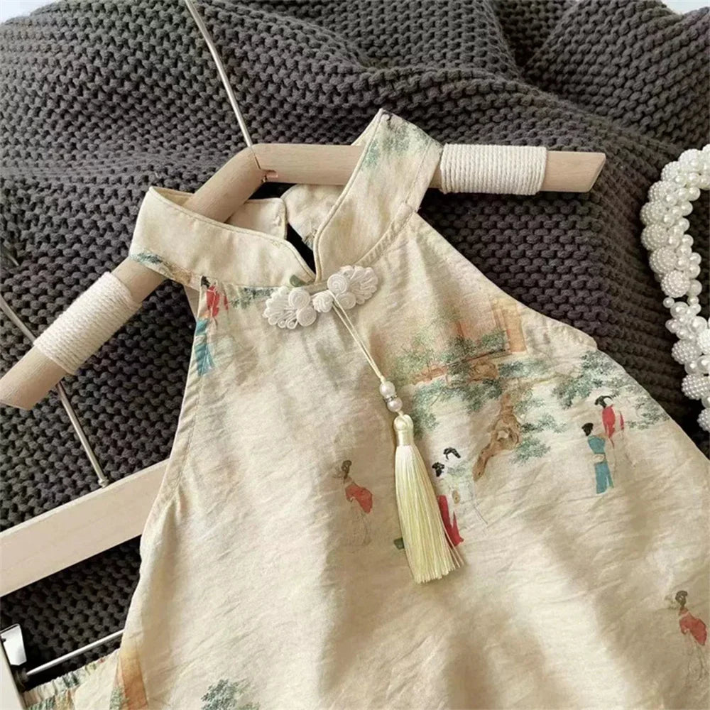 Bear Leader Girls' Set Summer New Chinese Style Printed Standing Neck Tassel Top+Shorts Two Piece Set Fashion Kids' Clothing