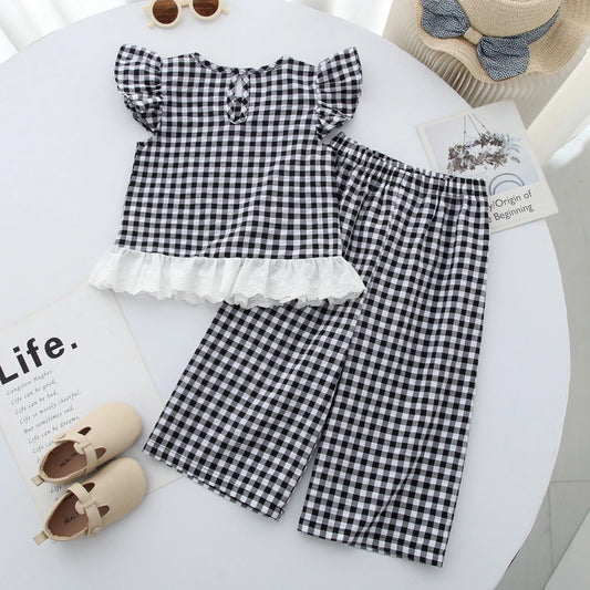 Humor Bear Summer Girls' Suits Floral Print Lace Sleeveless Vest+Pants 2 Piece Set Cute And Casual Kids' Clothing Sets