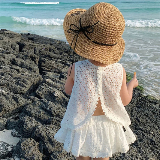 New Girls  Summer Clothing Sets Hollow Lace Suit Baby Casual Sleeveless T-shirt Shorts Kids Clothing Sets Baby Clothes  Sets