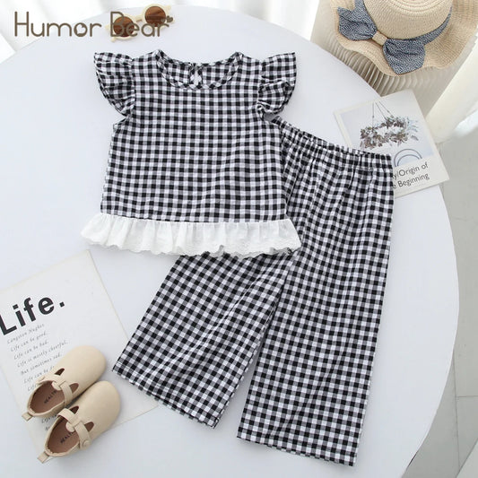 Humor Bear Summer Girls' Suits Floral Print Lace Sleeveless Vest+Pants 2 Piece Set Cute And Casual Kids' Clothing Sets